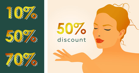 Discount Template with Beautiful Face. Female with Healthy Skin Portrait Shows on 50% Discount on Beige Background. Kinds of Discounts. Modern Flat Vector Illustration. Social Media Banner.