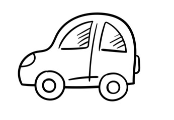 Illustration depicting a cute doodle car. Black and white vector illustration.