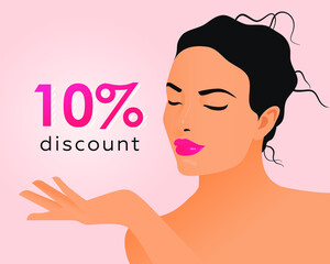 Discount Template with Beautiful Face. Female with Healthy Skin Portrait Shows on 10% Discount on Light Background. Kinds of Discounts. Modern Flat Vector Illustration. Social Media Banner.