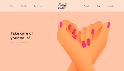 Take Care of Your Nails. Manicure and Pedicure. Beauty Studio Landing Page Design Template. Website Banner. Close Up Hands Shows Manicure on Beige Background.