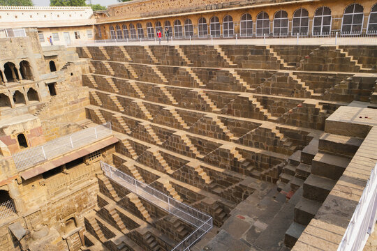 High angle shot of Chand Baori site rich with stepwells and ponds in Abhaneri in Rajastan India