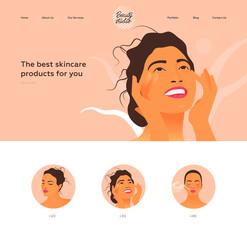 Best Skincare Products For You. Services. Beauty Studio Landing Page Design Template. Website Banner. Female with Healthy Skin Portrait Touching Her Face. Beauty Face Badges with Kinds of Services.