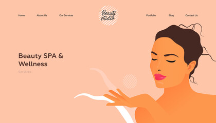 Beauty SPA and Wellness. Services. Beauty Studio Landing Page Design Template. Website Banner. Female with Natural Makeup and Healthy Skin Portrait Touching Her Face on Abstract Beige Background. 