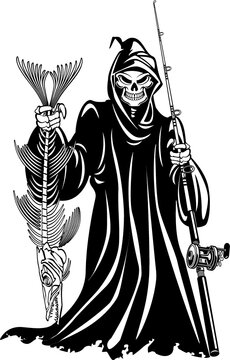 grim reaper holding fishing rod fighting hooked fish 