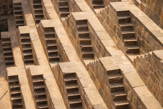 High angle shot of Chand Baori site rich with stepwells and ponds in Abhaneri in Rajastan India