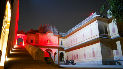 Closeup shot of Nahargarh Fort on the edge of Aravalli Hills in Rajastan in India at night
