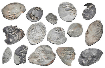 Old money of Russia of the 17th century. Silver coins isolated.