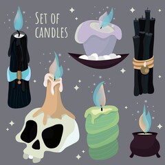 Set of mystical candles. Ritual objects. Witch candles. Vector illustration for games, books, textiles. Abstract magic background. Candle skull. Halloween.
