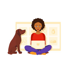 Flat vector illustration of a Dark skinned african-american girl sitting on pillow and buying things for her pet in the online store. Online shopping from home. Isolated on white background