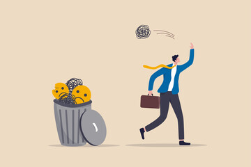 Get rid of work anxiety, stressed and unhappiness emotion, relax to gain happiness concept, happy businessman throw away stressed and anxiety into the bin. - obrazy, fototapety, plakaty