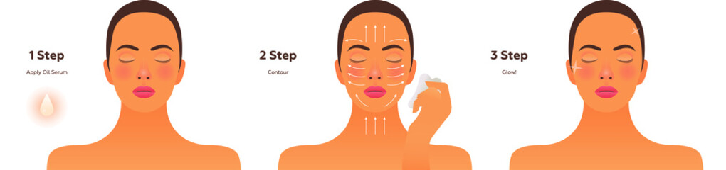 Gua Sha Facial Massage Steps. Modern Flat Vector Illustration. Website Template. Social Media Concept.