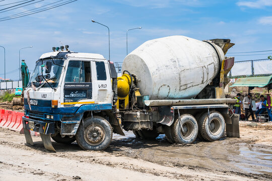 Bangkok, Thailand - May, 08, 2021 : Concrete mixer truck stands on construction site at Bangkok, Thailand.