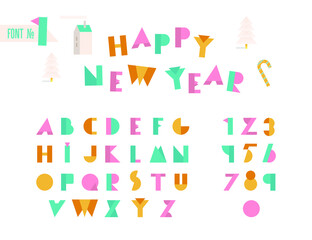 Kids Modern Flat Cute Alphabet Set. Happy New Year Latin Font. Letters and Digits.