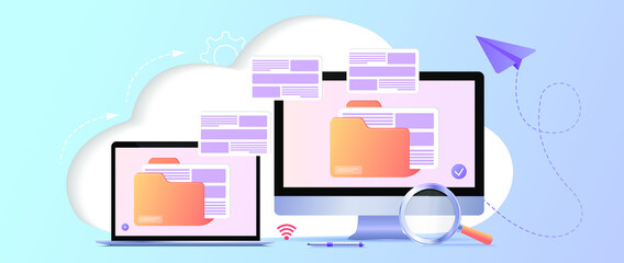 File transfer. Files transferred encrypted form. Program for remote connection to computer. Full access to remote files and folders. Data Center concept based. Database with cloud server. Web banner