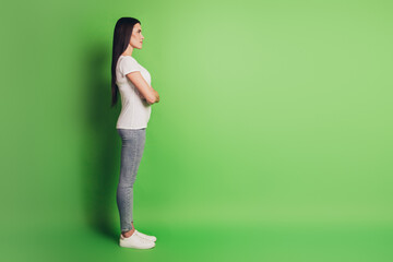 Full lenght profile view portrait of confident lady look copyspace isolated green color background