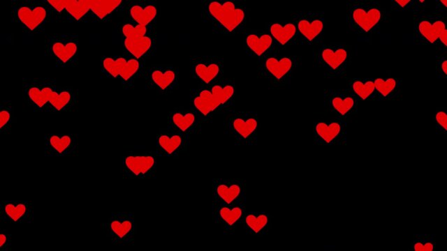 Tumbling red hearts falling on a black background, animated hearts pattern