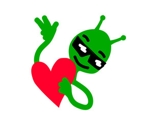 Enamored alien and heart on a white background. Cartoon. Vector illustration.