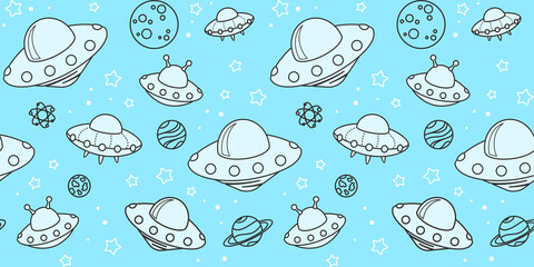 Alien spaceships and different planets on a blue background with white stars. Space endless texture. Vector seamless pattern for wallpaper, cover, wrapping paper, packaging, wrapper or surface texture