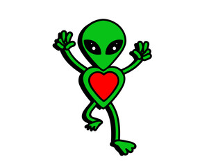 Enamored alien and heart on a white background. Cartoon. Vector illustration.