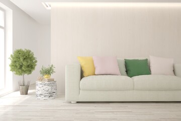 White living room with sofa. Scandinavian interior design. 3D illustration