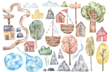 set of watercolor elements with nature, houses, trees, road, bushes, mountains and stones, make your own design, children's cute illustration