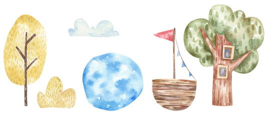 a set of fabulous drawn elements for creating landscapes, children's cute illustration in watercolor, printing, wallpaper printing, children's design