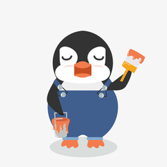 Penguin  holds a brush cartoon