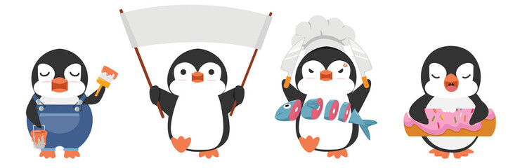 Cute penguin cartoon characters set
