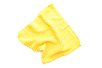 Yellow kitchen rug isolated on white. Crumpled used microfiber cloth clean, top view.