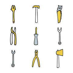 Vector illustration of tools for repairing in doodle style. The illustration can be used to advertise a store of tools for repair, construction. 