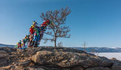 There is a tree on a rocky hill on the shore of a frozen lake. On the bare branches, multi-colored ritual ribbons are tied. Background - blue sky. In the distance, snow-capped mountains. Baikal