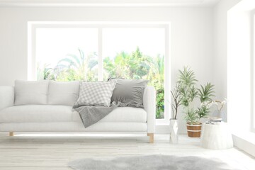 Soft color living room with sofa. Scandinavian interior design. 3D illustration