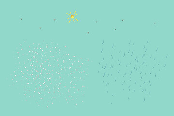 Complete collection of illustrations of rain, snow, and sun, and birds to illustrate a sunny day