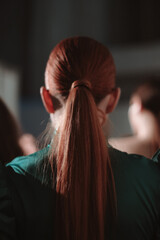 Female hairstyle of redhead woman. Elegant ponytail. Back view