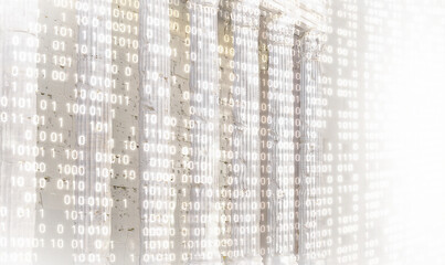 Rome digital background. Ancient columns with luminous binary numbers. Concept of digitalization and innovation of antique city