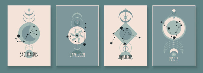 Abstract art with zodiac celestial sign and constellation. Sagittarius Archer, Capricornus Goat, Aquarius Water Bearer, Pisces Fish. Wall art in vintage style. Minimalistic vector background design. - obrazy, fototapety, plakaty