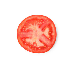 Slice of ripe tomato isolated on white, top view