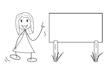 Strichmännchen Frau präsentiert mit Hand auf leerer Tafel / Schild.