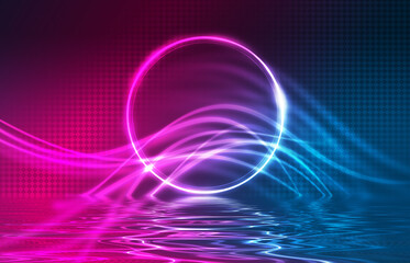 Dark ultraviolet abstract background. Circle laser figure on a dark abstract background. Beach party. Reflection on the water. 3d illustration