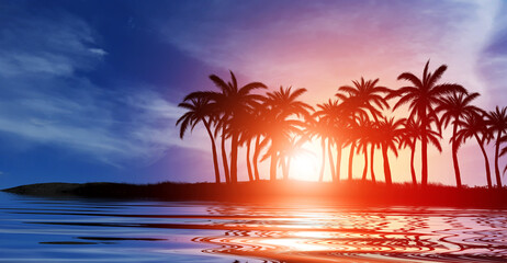 Empty marine blurred background. Seascape, sunlight, silhouettes of palm trees, sky. Reflection on the water. 3d illustration