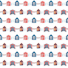Seamless pattern with watercolor beach houses and flags. - 433434425