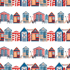 Seamless pattern with watercolor surf beach huts. - 433434476
