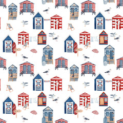 Seamless pattern with watercolor surf houses and seagulls. - 433434604