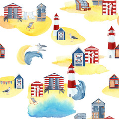 Seamless pattern with beach huts, lighthouse, seagul. - 433434682