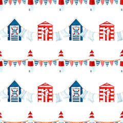 Seamless pattern with blue and red beach huts and flags - 433434823