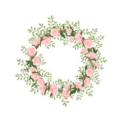 A wreath of peonies. Round frame, pink cute flowers and leaves. Spring pink blooming composition with buds. Holiday decorations for wedding, holiday, postcard, poster and design