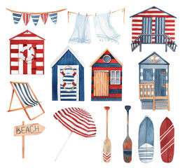 Large watercolor set of summer illustrations - beach huts - 433434881