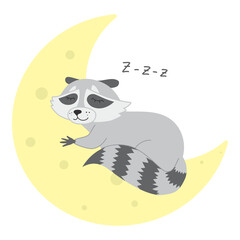 Sleeping Racoon on a Moon Cute Baby Print Isolated Cartoon Character. Cool animal vector illustration for nursery t-shirt, kids apparel, invitation, baby shower, simple scandinavian child design