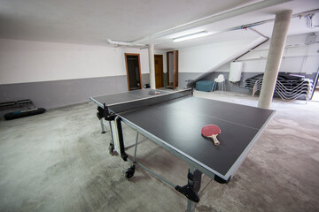 ping pong table in the basement of the house