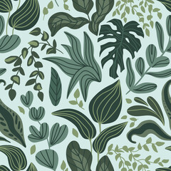 Greenery seamless pattern in hand-drawn style. Vector repeating background with tropical leaves and plants.